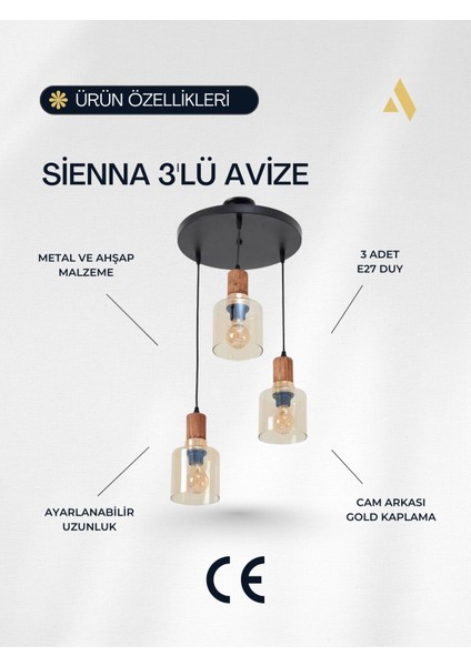 Sienna 3’lü Sarkıt Avize – Modern Endüstriyel Tarz, Ahşap ve Gold Detaylı, Cam Başlıklı, Ayarlanabilir modelleri