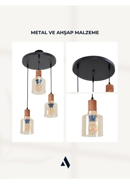 Sienna 3’lü Sarkıt Avize – Modern Endüstriyel Tarz, Ahşap ve Gold Detaylı, Cam Başlıklı, Ayarlanabilir fırsatları