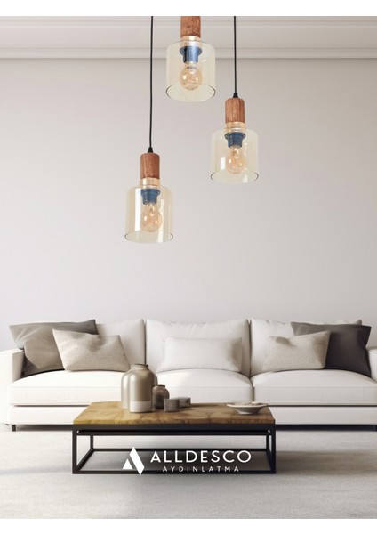 Sienna 3’lü Sarkıt Avize – Modern Endüstriyel Tarz, Ahşap ve Gold Detaylı, Cam Başlıklı, Ayarlanabilir indirimleri