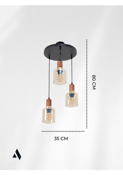 Sienna 3’lü Sarkıt Avize – Modern Endüstriyel Tarz, Ahşap ve Gold Detaylı, Cam Başlıklı, Ayarlanabilir