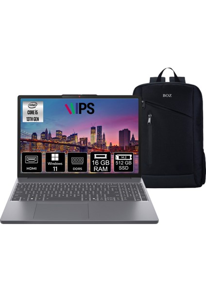 Ideapad Slim 3 Intel Core I5 13420H 16GB 512GB SSD W11PRO 15.3" Wuxga Taşınabilir Bilgisayar 83K1003MTR + Boz Çanta Hediyeli