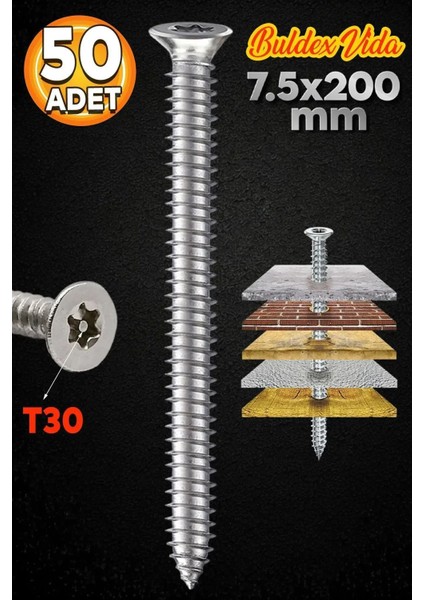 Buldex Vida 7.5X200 mm 50 Adet Sivri Uçlu Dübelsiz Beton Vidası Tork Duvar Vidası Buldeks