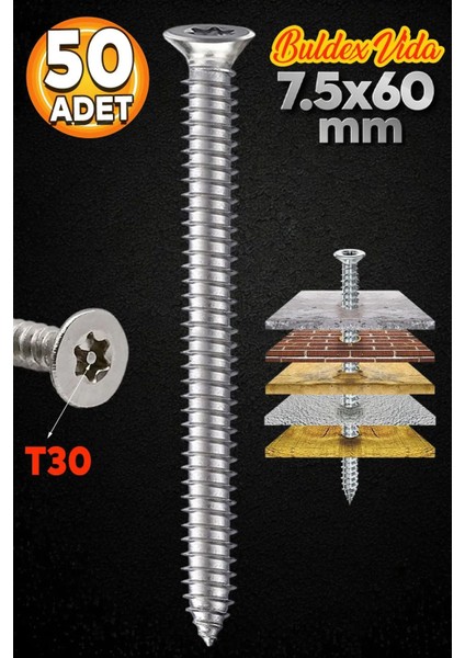 Buldex Vida 7.5X60 mm 50 Adet Sivri Uçlu Dübelsiz Beton Vidası Tork Duvar Vidası Buldeks