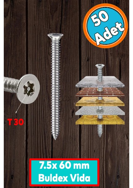 Buldex Vida 7.5X60 mm 50 Adet Sivri Uçlu Dübelsiz Beton Vidası Tork Duvar Vidası Buldeks fiyatları