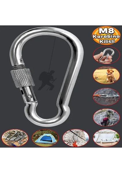 Karabina Kilitli 8 mm Yaylı Kanca Çelik Kilit Tırmanma Olta Kamp Ekipmanları Hamak Askı 5 Adet