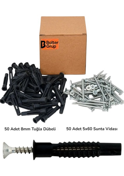 Vida ve Dübel Seti 50 Adet 5X60 mm Sunta Vidası ve 50 Adet 8mm Siyah Tuğla Beton Boşluk Dübel