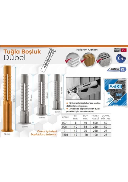 10MM Tuğla Boşluk Dübeli 50 Adet fiyatları