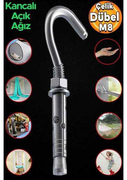 Kancalı Çelik Dübel M8 Salıncak Boks Torbası Avize Için Gömlekli Açık Ağız Kanca 5 Adet fiyatları