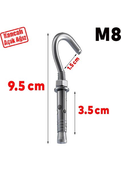 Kancalı Çelik Dübel M8 Salıncak Boks Torbası Avize Için Gömlekli Açık Ağız Kanca 5 Adet modelleri