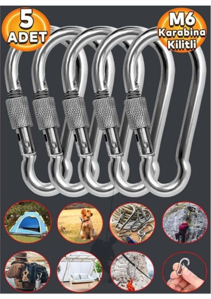 Karabina Kilitli 6 mm Yaylı Kanca Çelik Kilit Tırmanma Olta Kamp Ekipmanları Hamak Askı 5 Adet