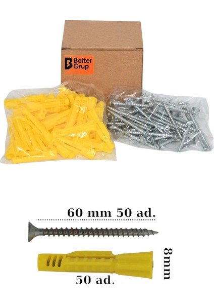 Sunta Vidası ve Roket Dübel, 50 Adet 5X60 Yhb Sunta Vidası ve 50 Adet 8 mm Roket Dübel