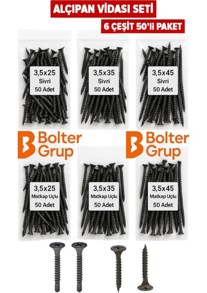 Alçıpan Vida Seti – 3,5 mm Çap / 25-35-45 mm Boy – 6 Çeşit – Toplam 300 Adet