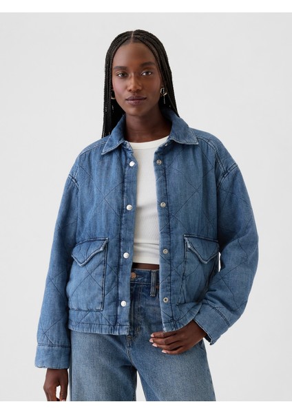 Kadın Mavi Yastıklı Denim Gömlek Ceket
