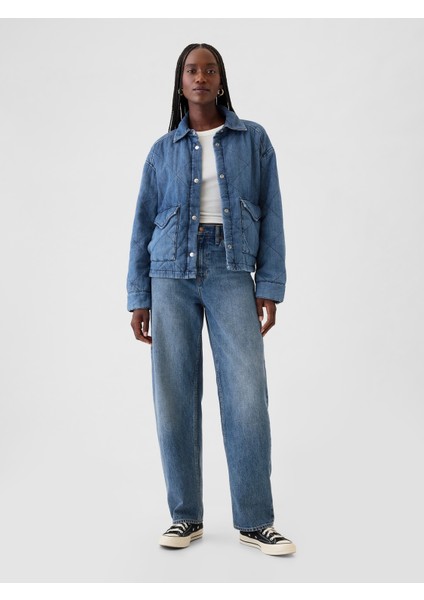 Kadın Mavi Yastıklı Denim Gömlek Ceket