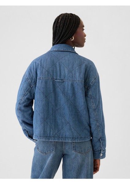 Kadın Mavi Yastıklı Denim Gömlek Ceket