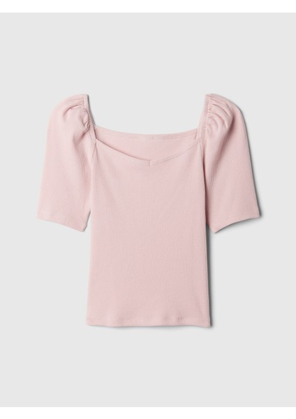 Kız Çocuk Pembe Kalp Yaka Balon Kol T-Shirt