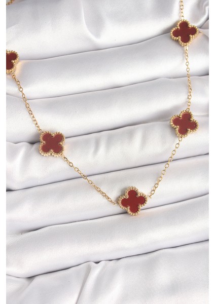 Erb 316L Çelik Gold Renk Zincir Bordo Yonca Model Kadın Kolye