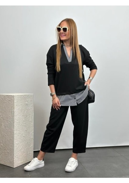 Polo Yaka Gömlek Detay Salaş Balon Pantolunlu Ikılı Takım