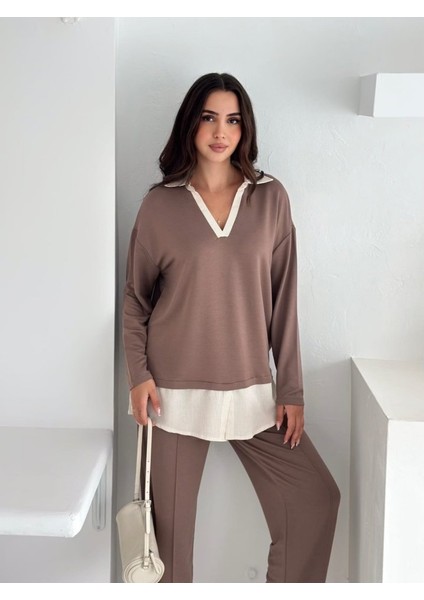 Polo Yaka Gömlek Detay Salaş Balon Pantolunlu Ikılı Takım