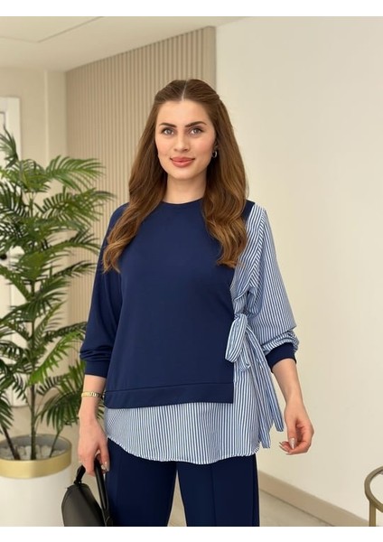 Kadın Gömlek Detay Çizgili Yandan Bağlamalı Ikili Takım