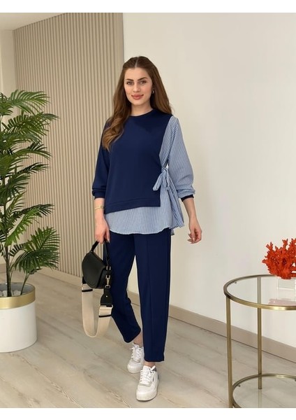 Kadın Gömlek Detay Çizgili Yandan Bağlamalı Ikili Takım