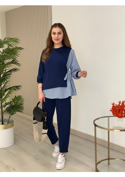 Kadın Gömlek Detay Çizgili Yandan Bağlamalı Ikili Takım