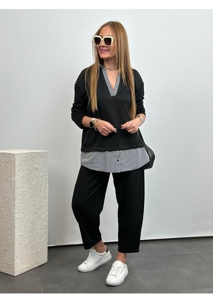 Polo Yaka Gömlek Detay Salaş Balon Pantolunlu Ikılı Takım