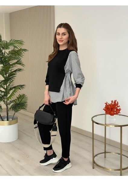 Kadın Gömlek Detay Çizgili Yandan Bağlamalı Ikili Takım