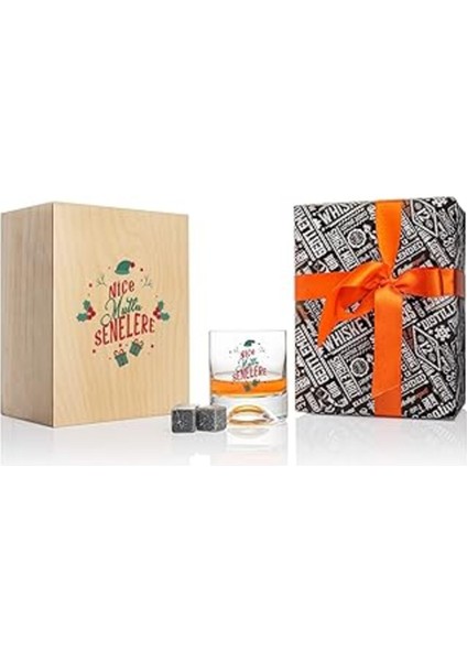 Yıl Mesajlı Ahşap Kutulu Viski Kadeh Seti, Şeffaf Içeriğiyle Şık ve Özel Hediye