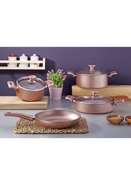 7 Parça Granit Tencere Seti, Pembe, Çeyiz ve Mutfak Için Şık ve Dayanıklı Takım