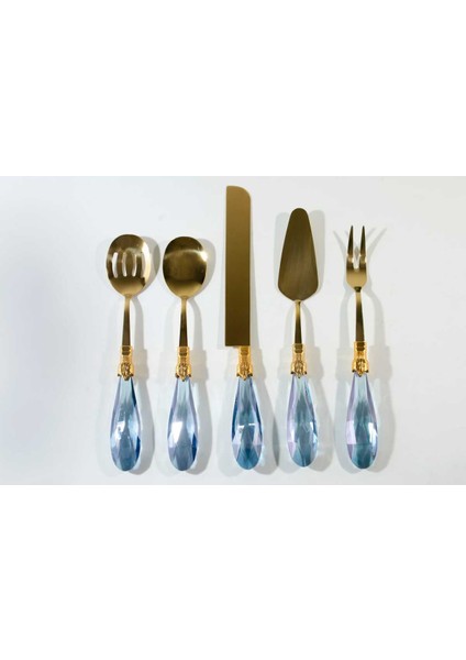 Mavi Damla Dekor Servis Seti, 5 Parça, Titanyum Kaplama, Şık ve Dayanıklı Tasarım