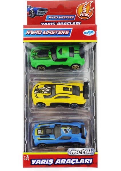 Die Cast Metal 3'lü Yarış Arabaları Yeşil Araçlı