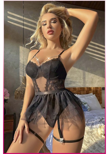 Siyah Göğüs Balenli, Tül Etekli Seksi Jartiyer Takım fiyatları