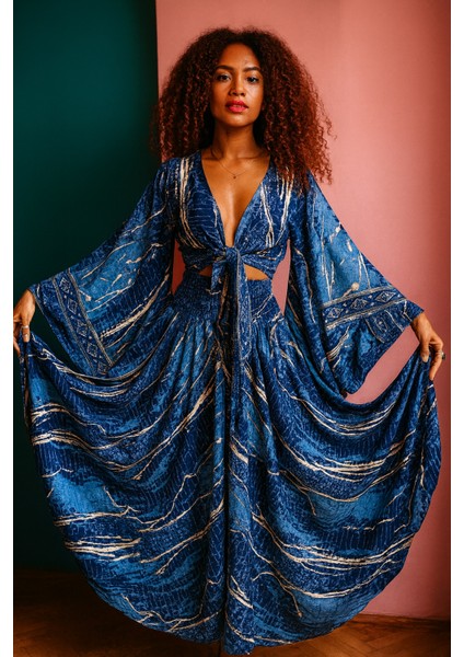 Ipek Yaldızlı Palazzo Pantolon & Bağlamalı Üst Takım – Bohem Şık Tasarım