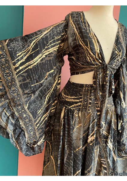 Ipek Yaldızlı Palazzo Pantolon & Bağlamalı Üst Takım – Bohem Şık Tasarım modelleri