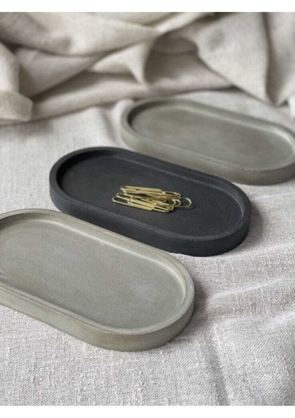 Gri 3'lü Oval Beton Takı ve Mum Tabağı, Dekoratif Organizer