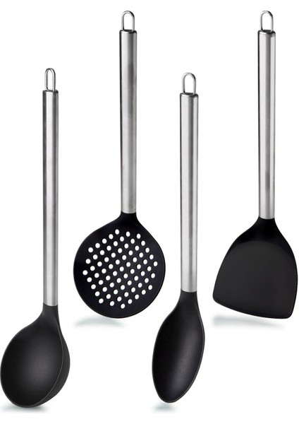 4'lü Çelik Saplı Servis Seti: Kepçe, Kevgir, Spatula ve Kaşık fiyatları