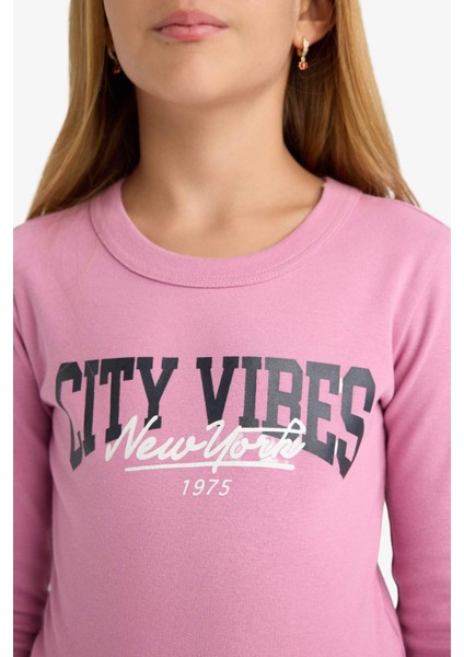 Kız Çocuk Slim Fit Dar Kesim Bisiklet Yaka Baskılı Fitilli Kaşkorse Uzun Kollu Tişört C7465A825AU indirimleri