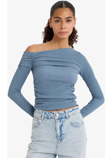 Slim Fit Dar Kesim Tek Omuzlu Bürümcük Uzun Kollu Bluz F3934AX25AU fırsatları