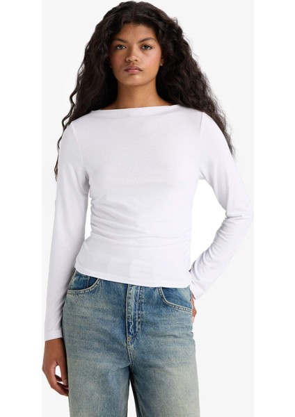 Slim Fit Dar Kesim Kayık Yaka Uzun Kollu Tişört modelleri