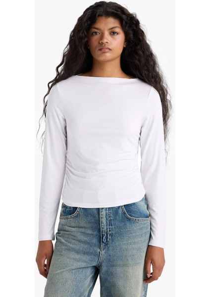 Slim Fit Dar Kesim Kayık Yaka Uzun Kollu Tişört fırsatları