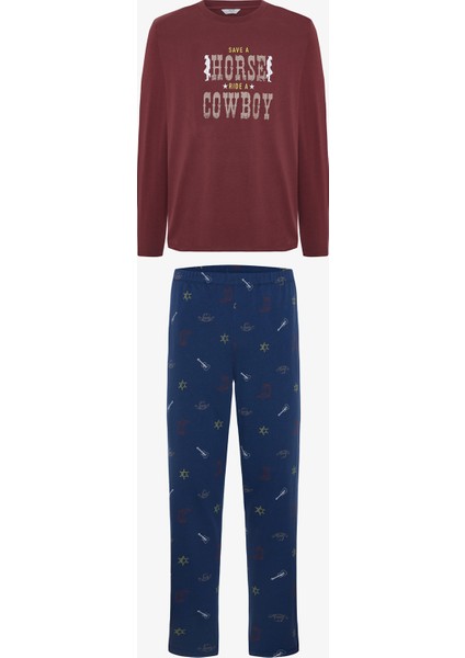 Erkek Cowboy Slogan Baskılı Pijama Takımı