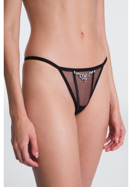 Siyah Tiara Düşük Bel Taşlı String Külot