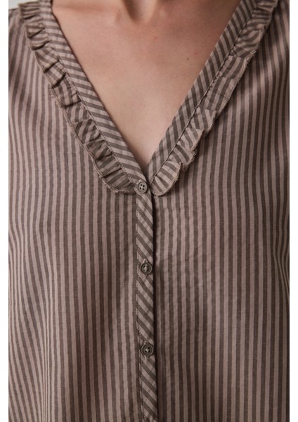 Bej Brownish Ekoseli Gömlek Yaka Pamuklu Bağlama Detaylı Pijama Takımı modelleri