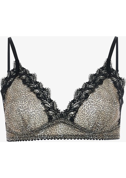 Bej Brode Detaylı Leopar Desenli Balensiz Kapsız Üçgen Sütyen