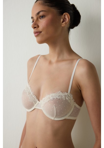 Bej Puantiyeli Brode Işlemeli Balenli Dolgusuz Toparlayıcı Sütyen fiyatları