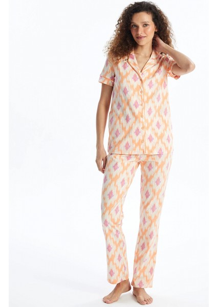 Lcw Dream Mercan Gömlek Yaka Desenli Kısa Kollu Kadın Pijama Takımı
