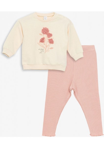 Lcw Baby Ekru Bisiklet Yaka Baskılı Kız Bebek Sweatshirt ve Eşofman Alt 2'li Takım