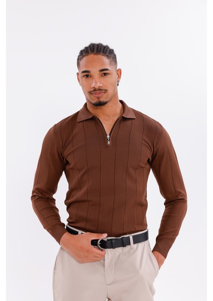 Erkek Yarım Fermuarlı Polo Yaka Triko Kazak