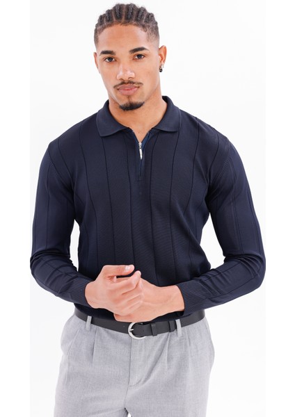 Erkek Yarım Fermuarlı Polo Yaka Triko Kazak